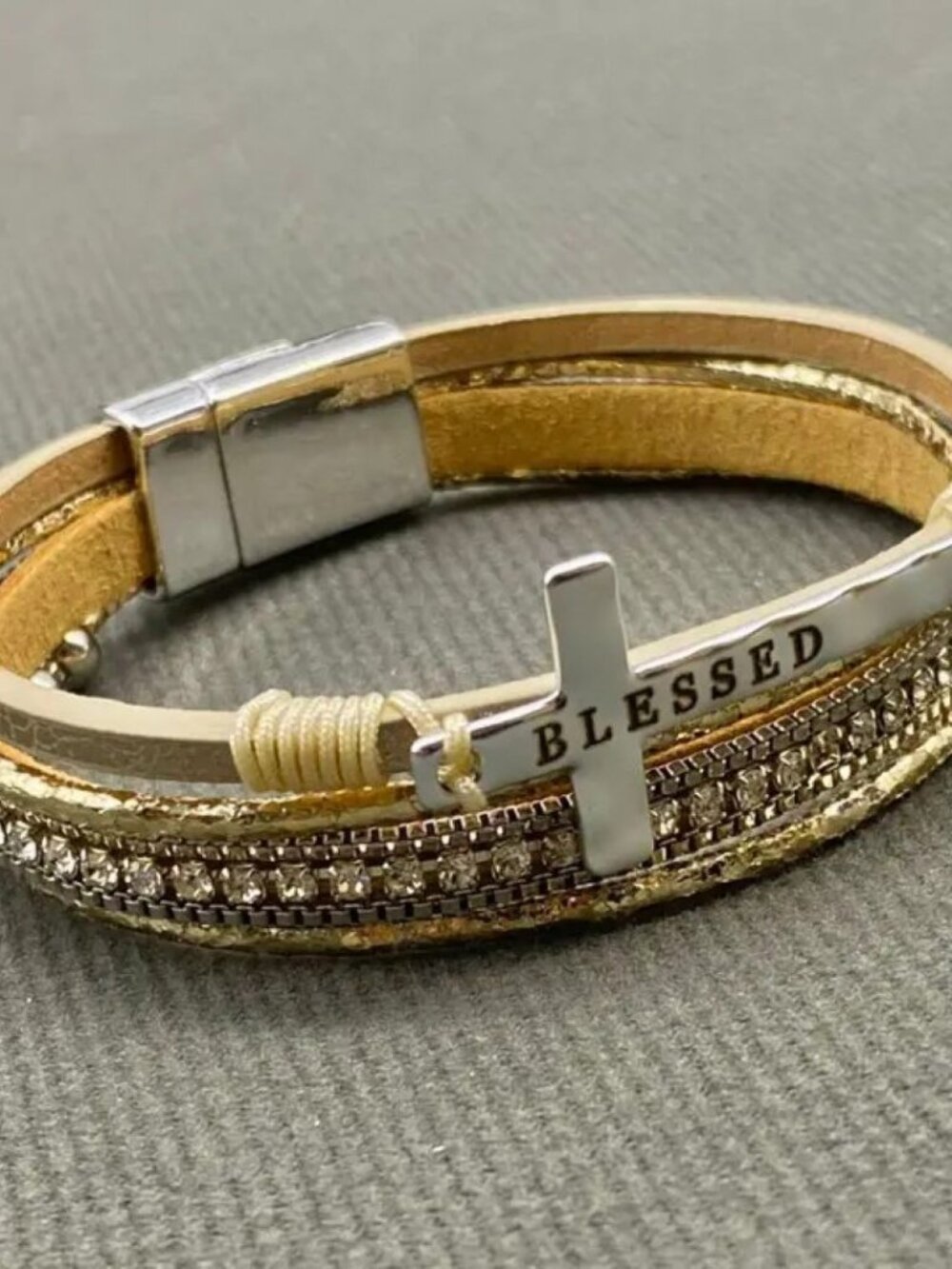 “Blessed” Multi-Layer Cross & Rhinestones Faux Leather Bracelet - Gold